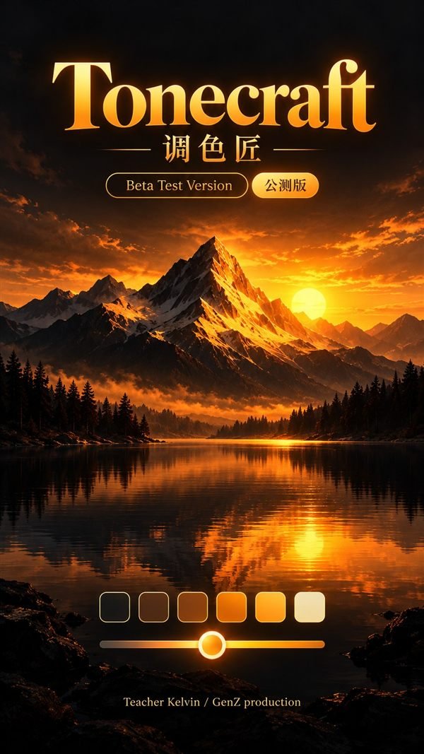 Tonecraft start screen: a golden mountain lake at sunset